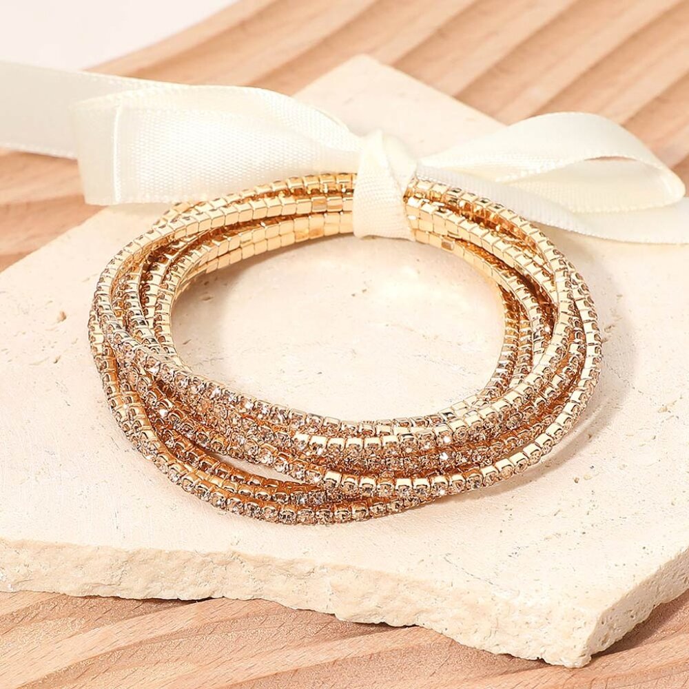 12PCS - Ribbon Slim Rhinestone Stretch Multi Layered Bracelet in Gold Topaz